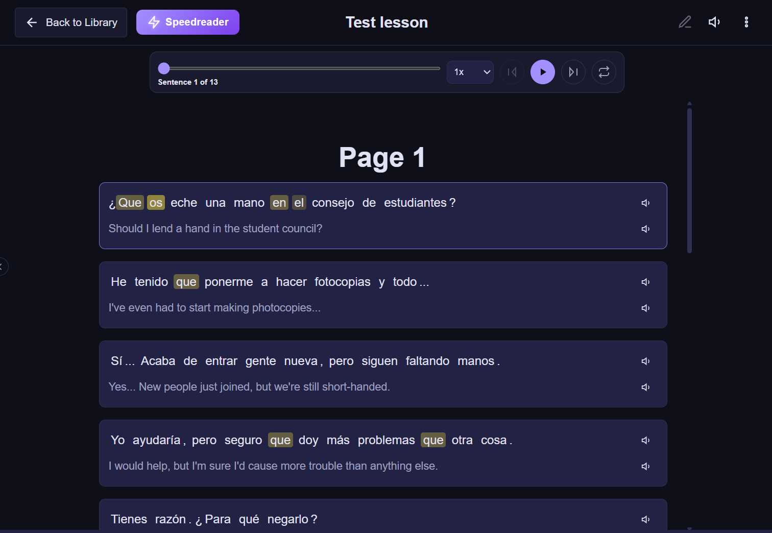 Sentence Webreader mode showing original and translated sentences